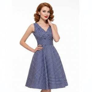 Vintage-Inspired Navy Polka Dot Midi Dress